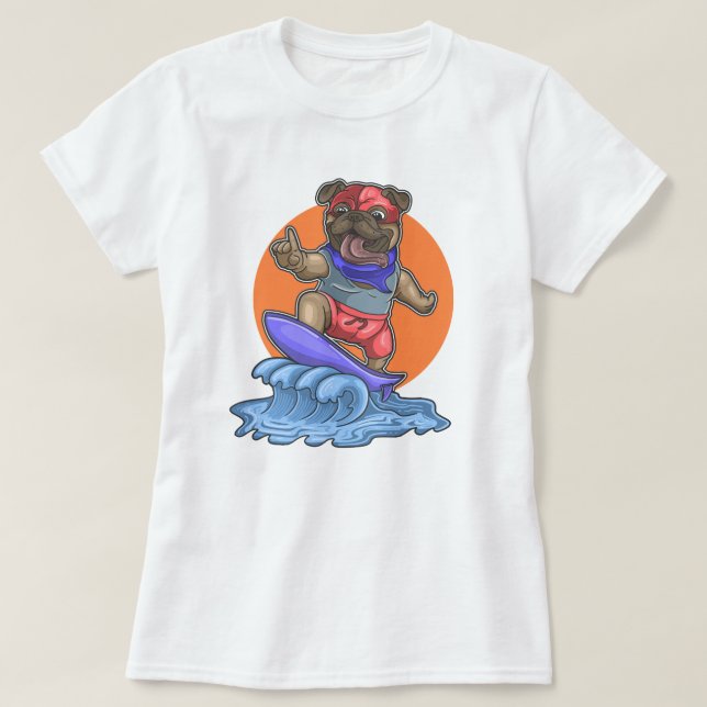 Cute Surfing Pug T-Shirt (Design Front)