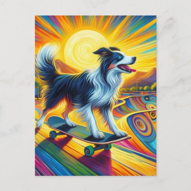 Cute Surreal Skateboarding Border Collie Postcard (Front)