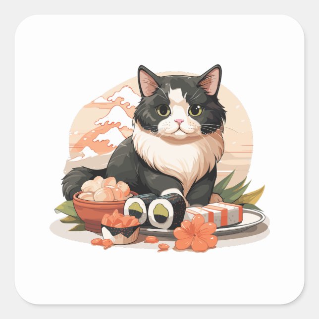 Cute Sushi Cat Square Sticker (Front)