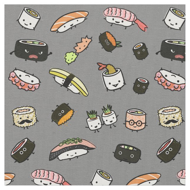 Cute Sushi Characters | Funny Kawaii Patterned Fabric (Close Up)