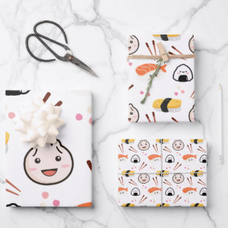 Cute Sushi & Dumpling Wrapping Paper - White