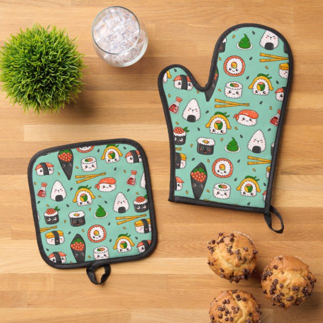 Cute Sushi  Oven Mitt & Pot Holder Set (Top Down)