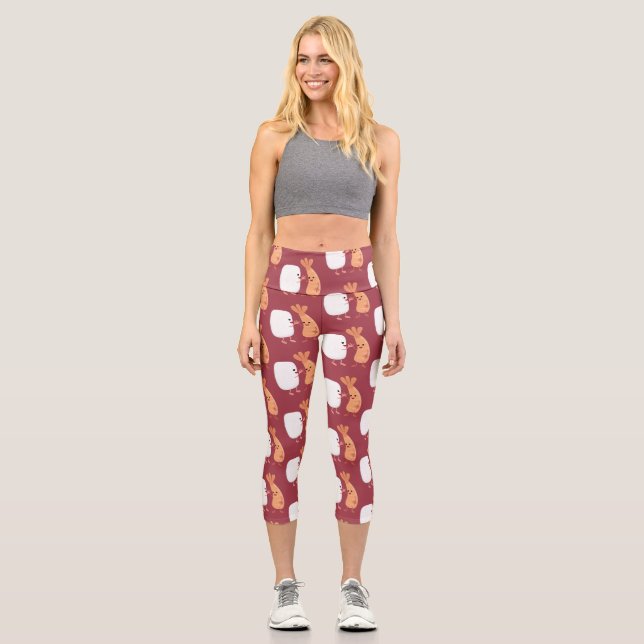 Cute sushi rice prawn friends cartoon capri leggings (Front)