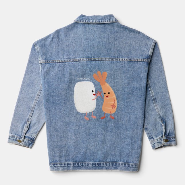Cute sushi rice prawn friends cartoon denim jacket (Back)