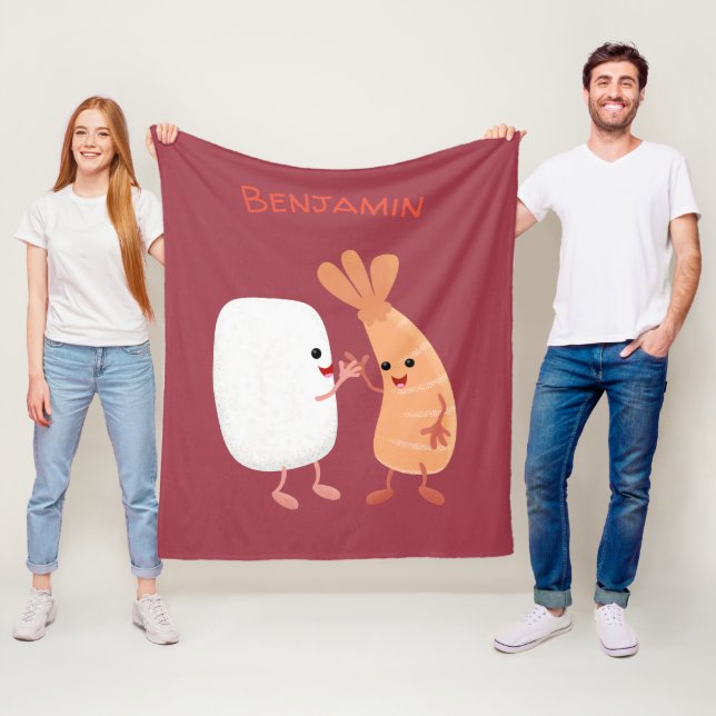 Cute sushi rice prawn friends cartoon fleece blanket (In Situ)