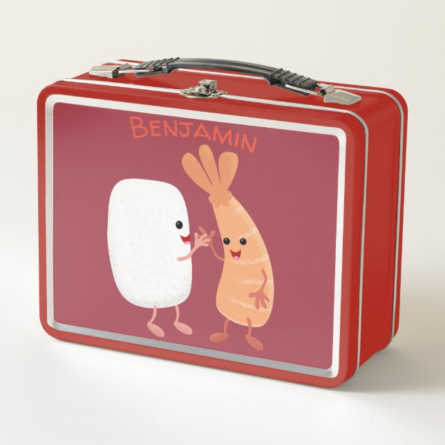 Cute sushi rice prawn friends cartoon metal lunch box (Front)