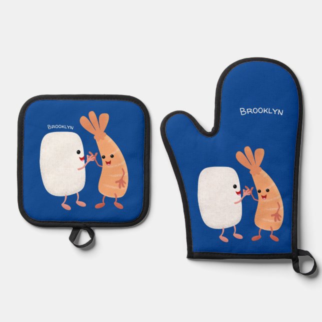 Cute sushi rice prawn friends cartoon oven mitt & pot holder set (Front)