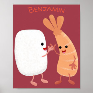 Cute sushi rice prawn friends cartoon poster