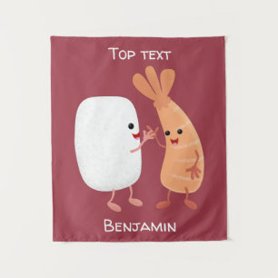 Cute sushi rice prawn friends cartoon  tapestry