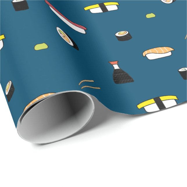 Cute Sushi Roll Set Pattern Nigiri Maki Ocean Blue Wrapping Paper (Roll Corner)