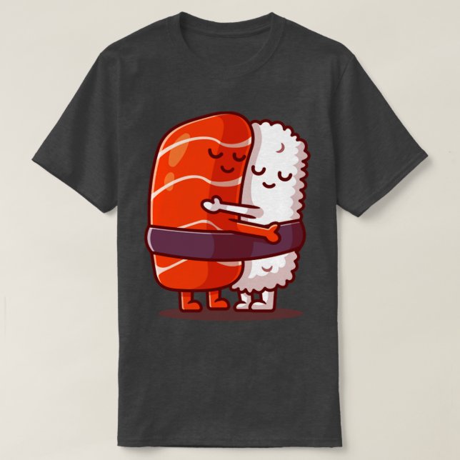 Cute Sushi Salmon Couple Hug Cartoon T-Shirt (Design Front)