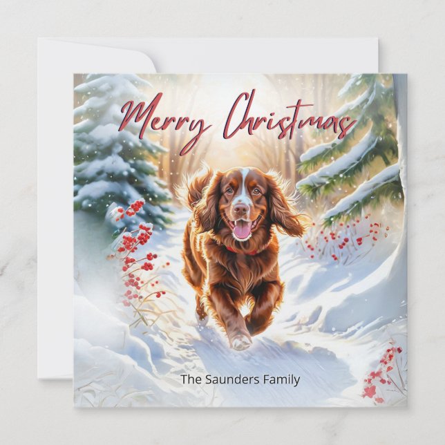 Cute Sussex Spaniel In Snow Winter Merry Christmas Holiday Card (Front)