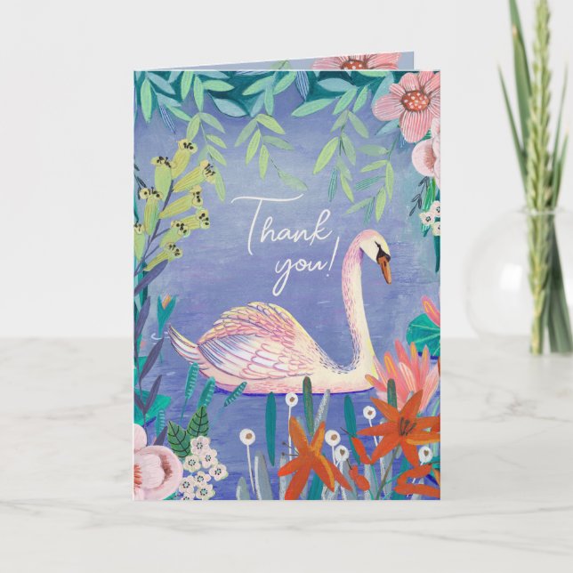 Cute Swan Bird Elegant Blue & Pink Baby Shower Thank You Card (Front)