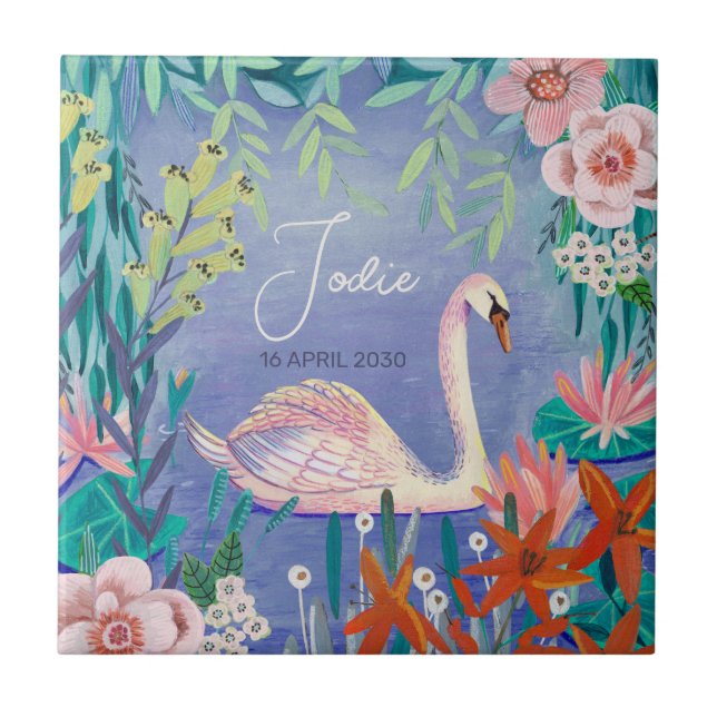 Cute Swan Bird Elegant Blue & Pink Baby Shower Tile (Front)