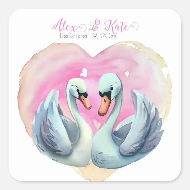 Cute Swan Couple | Romantic Wedding  Square Sticker (Front)