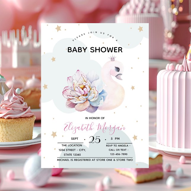 Cute Swan Flower Clouds Baby Shower  Invitation (Creator Uploaded)