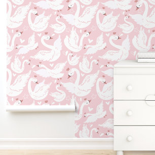 Cute Swan Modern Elegant Pink Nursery Girl Room Wallpaper