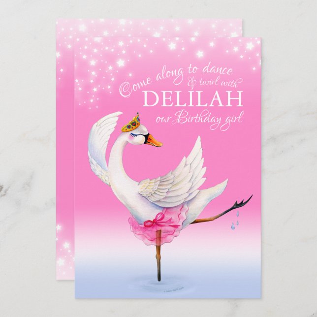 Cute swan on lake ballet 2nd birthday invitations (Front/Back)