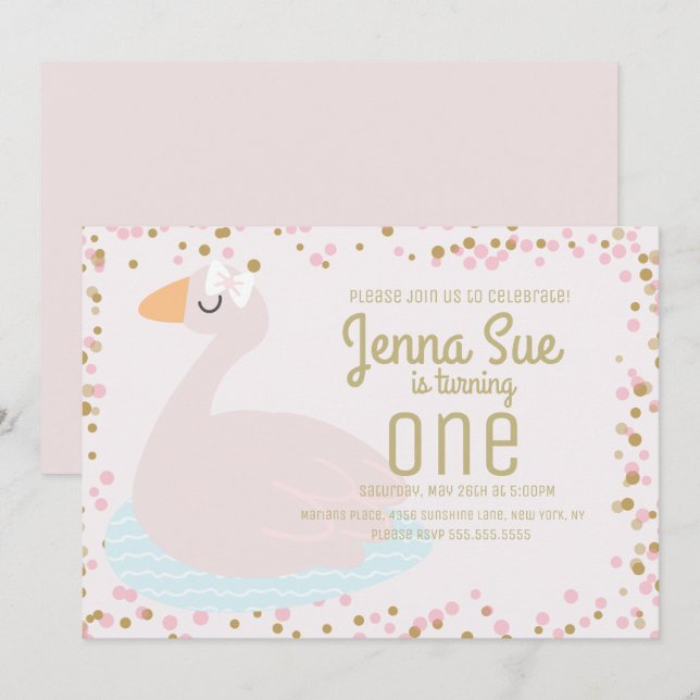 Cute Swan Pink Bow Confetti Girls Birthday Party Invitation (Front/Back)