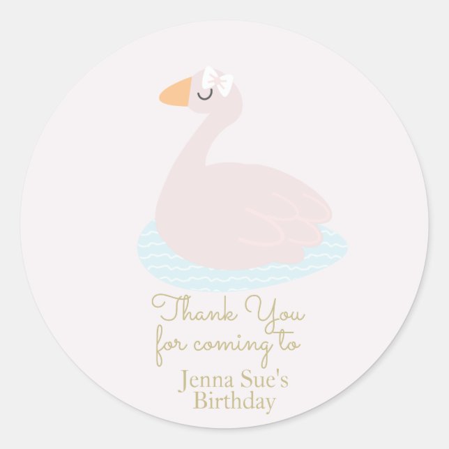 Cute Swan Pink Bow Girls Birthday Party Classic Round Sticker (Front)