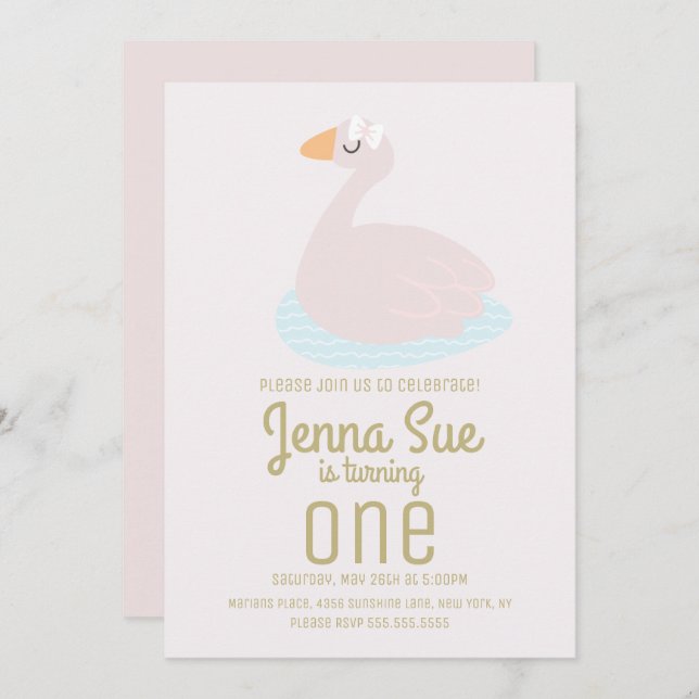 Cute Swan Pink Bow Girls Birthday Party Invitation (Front/Back)