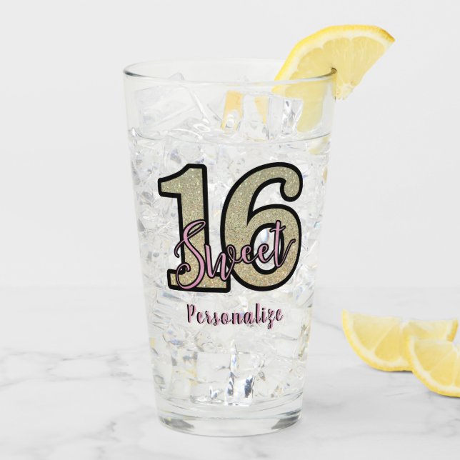 Cute Sweet 16 Birthday Party Silver Pink Drinking Glass (Back Ice)