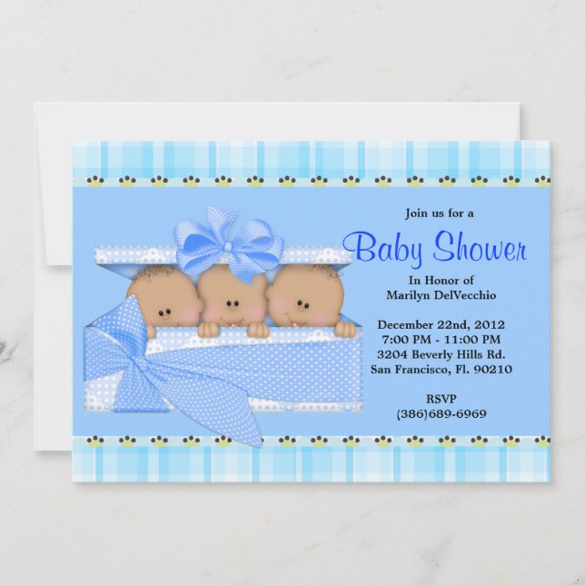 CUTE Sweet Blue Triplets Baby Shower Invitation (Front)