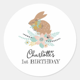 Cute Sweet Bunny Rabbit Animal 1st Birthday Party  Classic Round Sticker