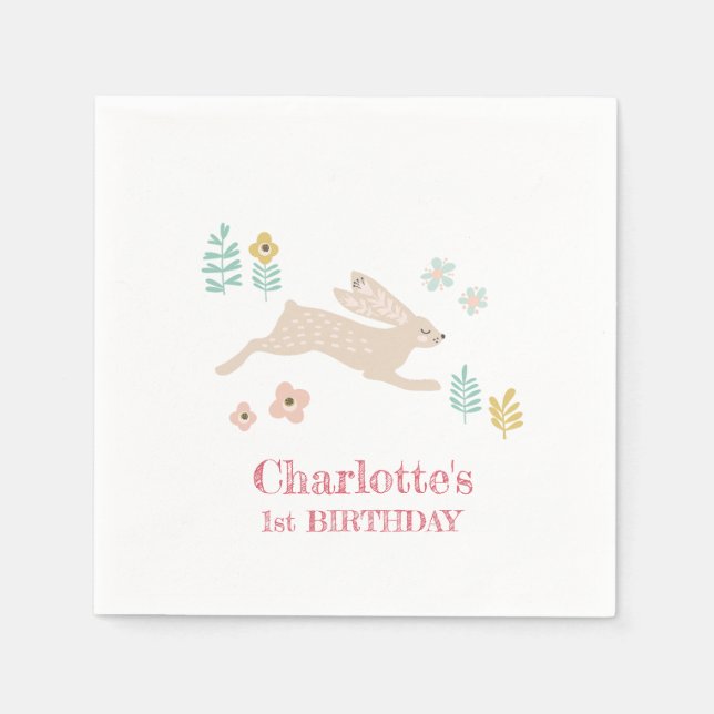 Cute Sweet Bunny Rabbit Animal 1st Birthday Party Napkin (Front)