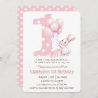 Cute Sweet Bunny Rabbit Pink Dots One 1st Birthday