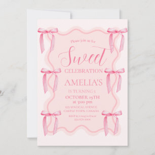 Cute Sweet Celebration Pink Bow 5th Birthday Invitation