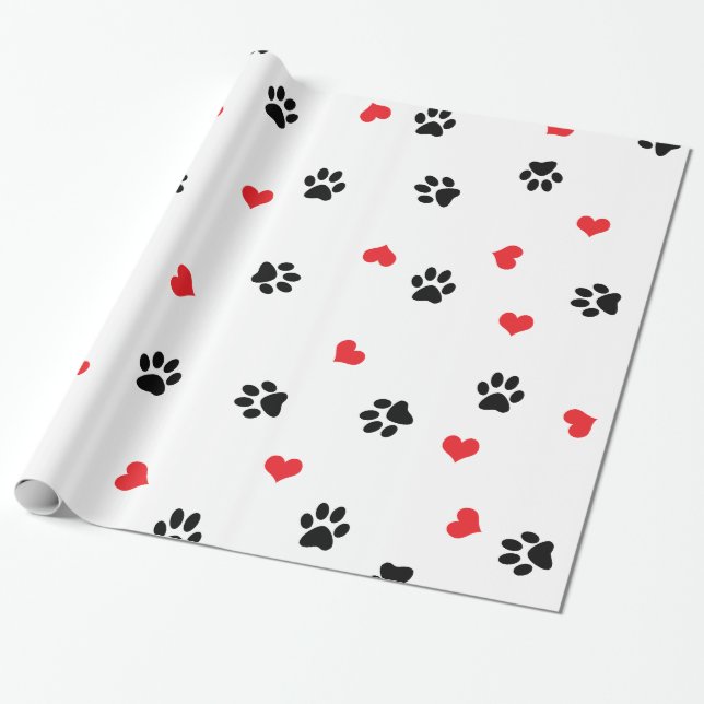 Cute sweet clear black paw red heart pattern wrapping paper (Unrolled)