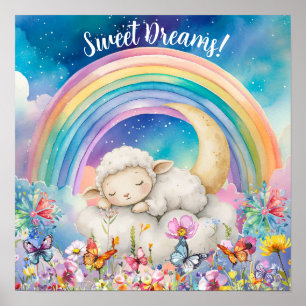 Cute Sweet Dreams Floral Rainbow & Lamb Poster