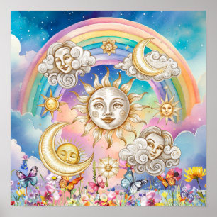 Cute Sweet Dreams Floral Sun, Stars & Moon Poster