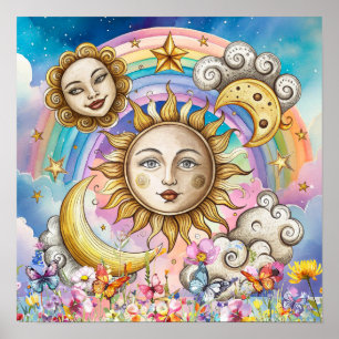 Cute Sweet Dreams Floral Sun, Stars & Moon Poster