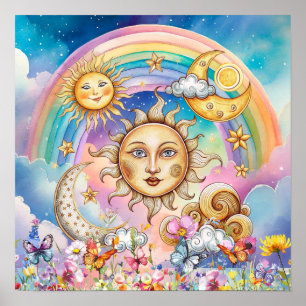Cute Sweet Dreams Floral Sun, Stars & Moon Poster