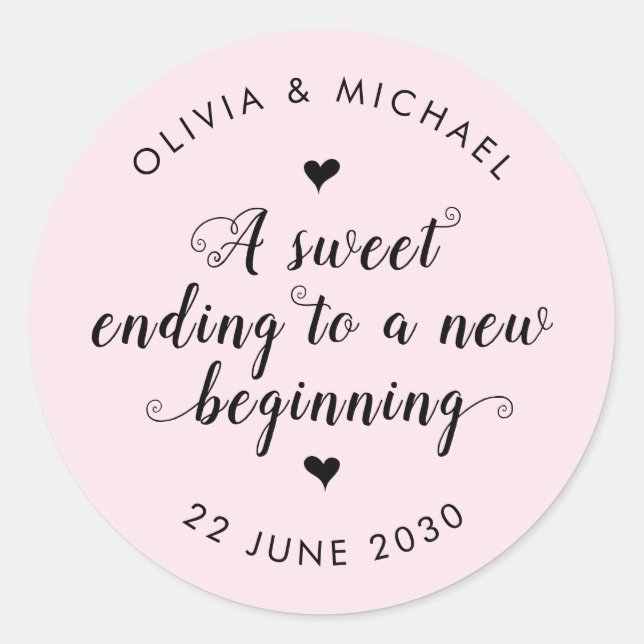 Cute Sweet Ending New Beginning Wedding Blush Pink Classic Round Sticker (Front)