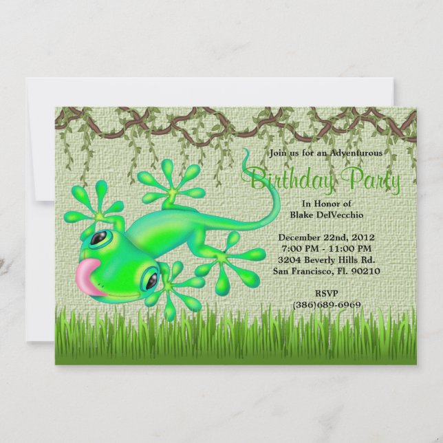 CUTE Sweet Green Lizard Vines Jungle Birthday Invitation (Front)
