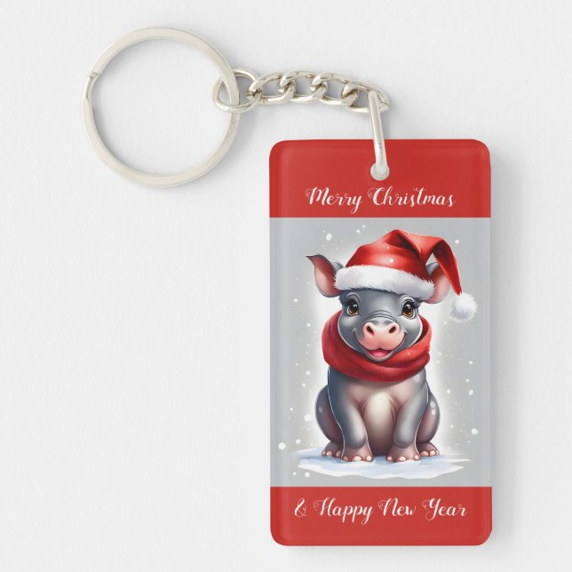 Cute Sweet Hippopotamus Santa Hat New Year Key Ring (Front)