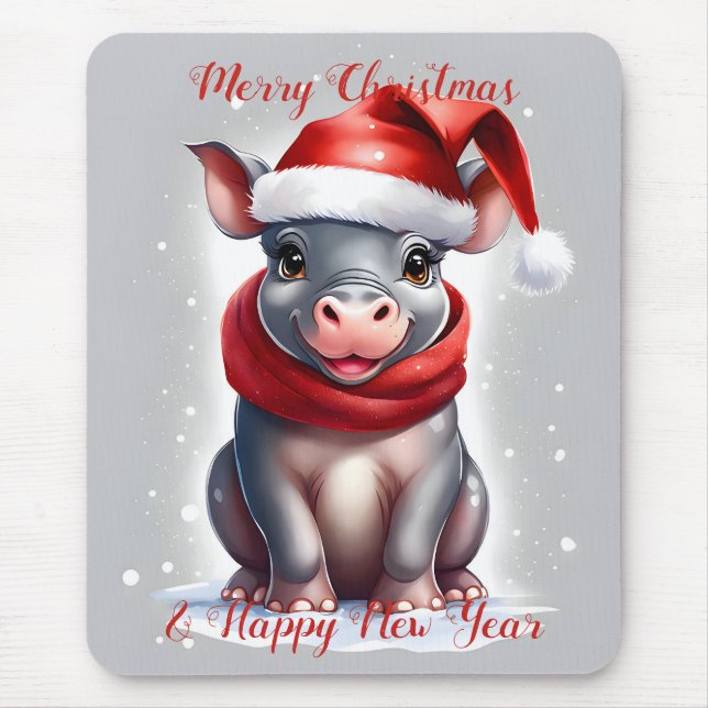 Cute Sweet Hippopotamus Santa Hat New Year Mouse Pad (Front)