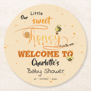 Cute Sweet Honey & Kawaii Eyeball Text Baby Shower Round Paper Coaster