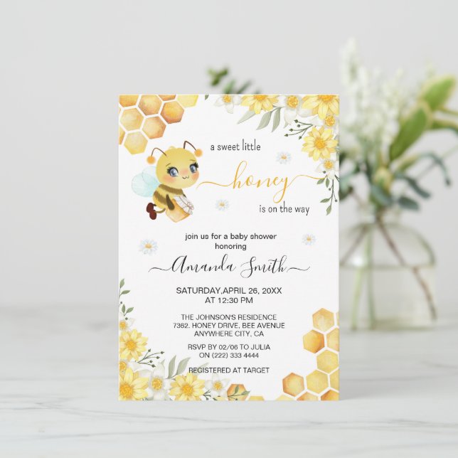 Cute Sweet Little honey Bee Girl Baby Shower Invitation (Standing Front)