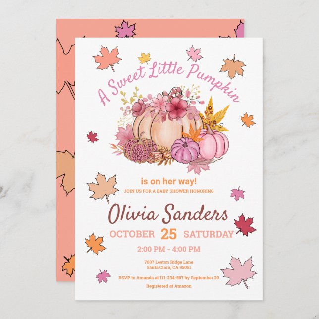 Cute Sweet Little Pumpkin Fall Leaves Baby Shower Invitation (Front/Back)