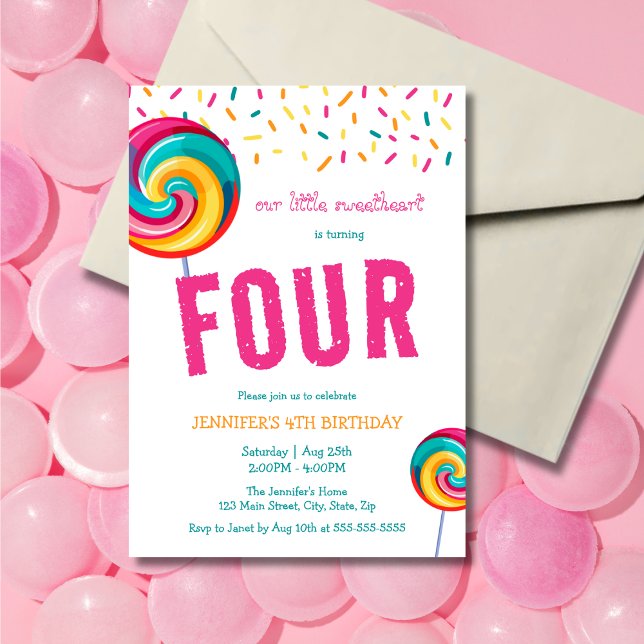 Cute Sweet Lollipop Candy 4th Birthday Invitation (Creator Uploaded)