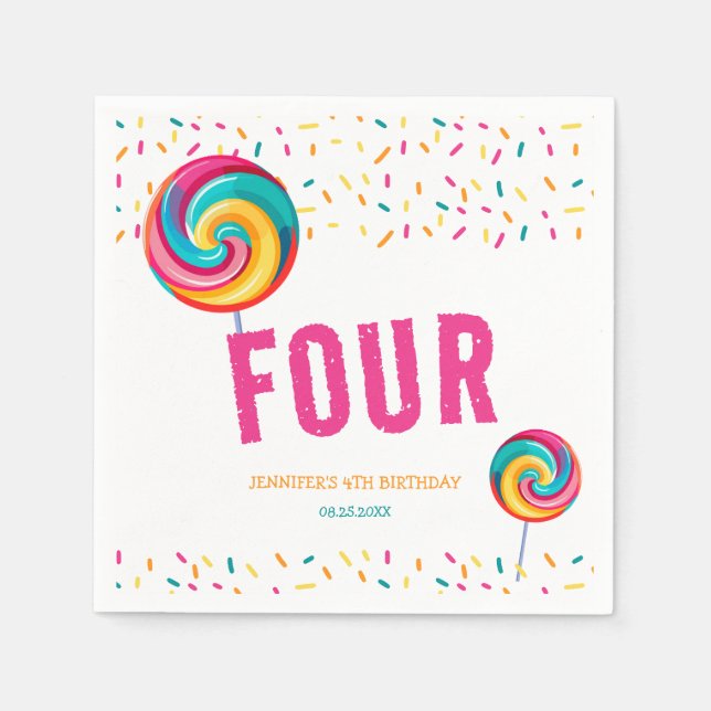 Cute Sweet Lollipop Candy 4th Birthday Napkin (Front)