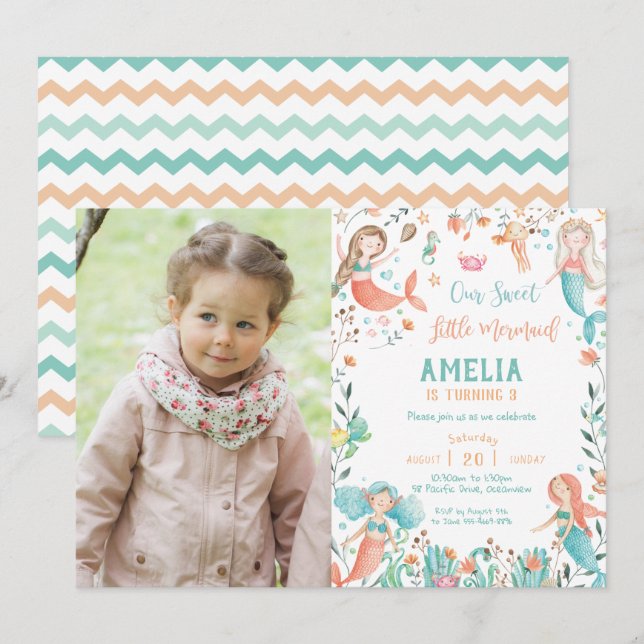 Cute Sweet Mermaid Birthday Under the Sea Photo Invitation (Front/Back)