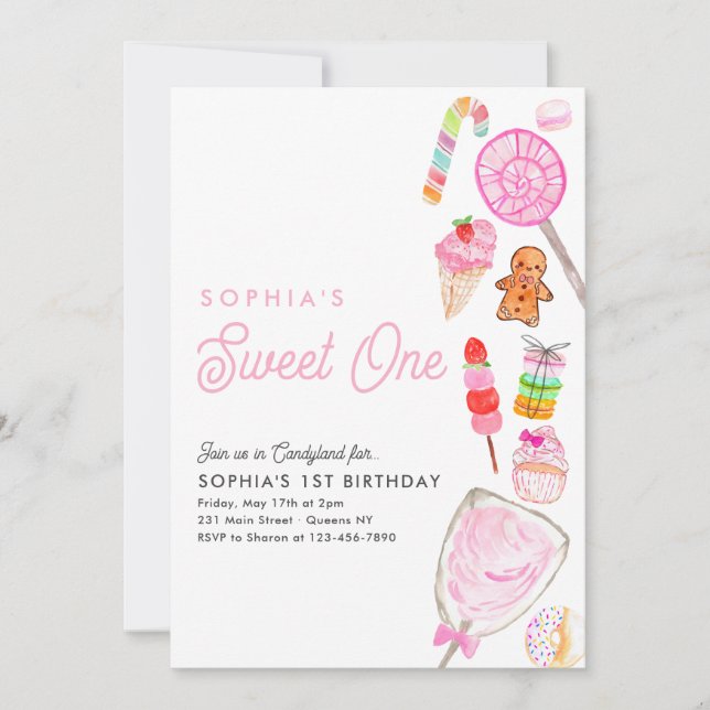 Cute SWEET ONE Candy Kids Candyland 1st Birthday Invitation (Front)