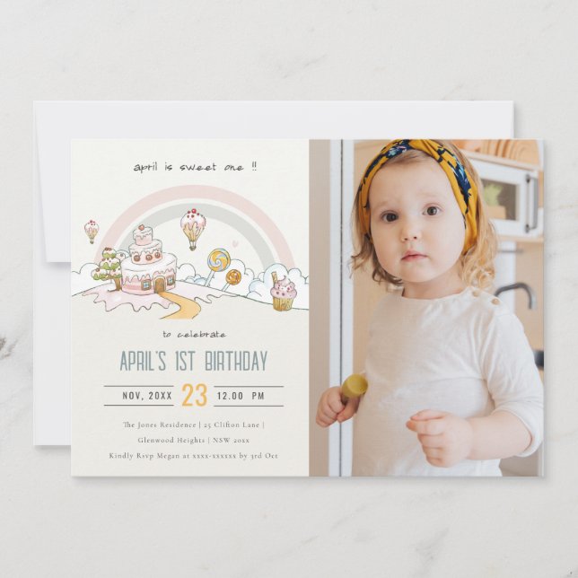 Cute Sweet One Candy Land Photo`1st Birthday Invitation (Front)