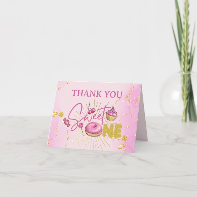 Cute Sweet One Desserts Pink Faux Gold Glitter Thank You Card (Front)