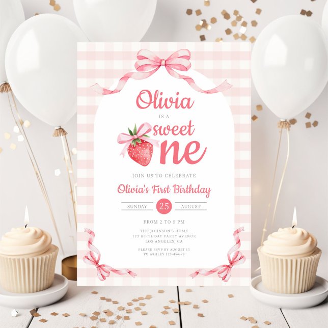 Cute Sweet One Strawberry Girl 1st Birthday Invitation (Cute Sweet One Strawberry Girl 1st Birthday Invitation)